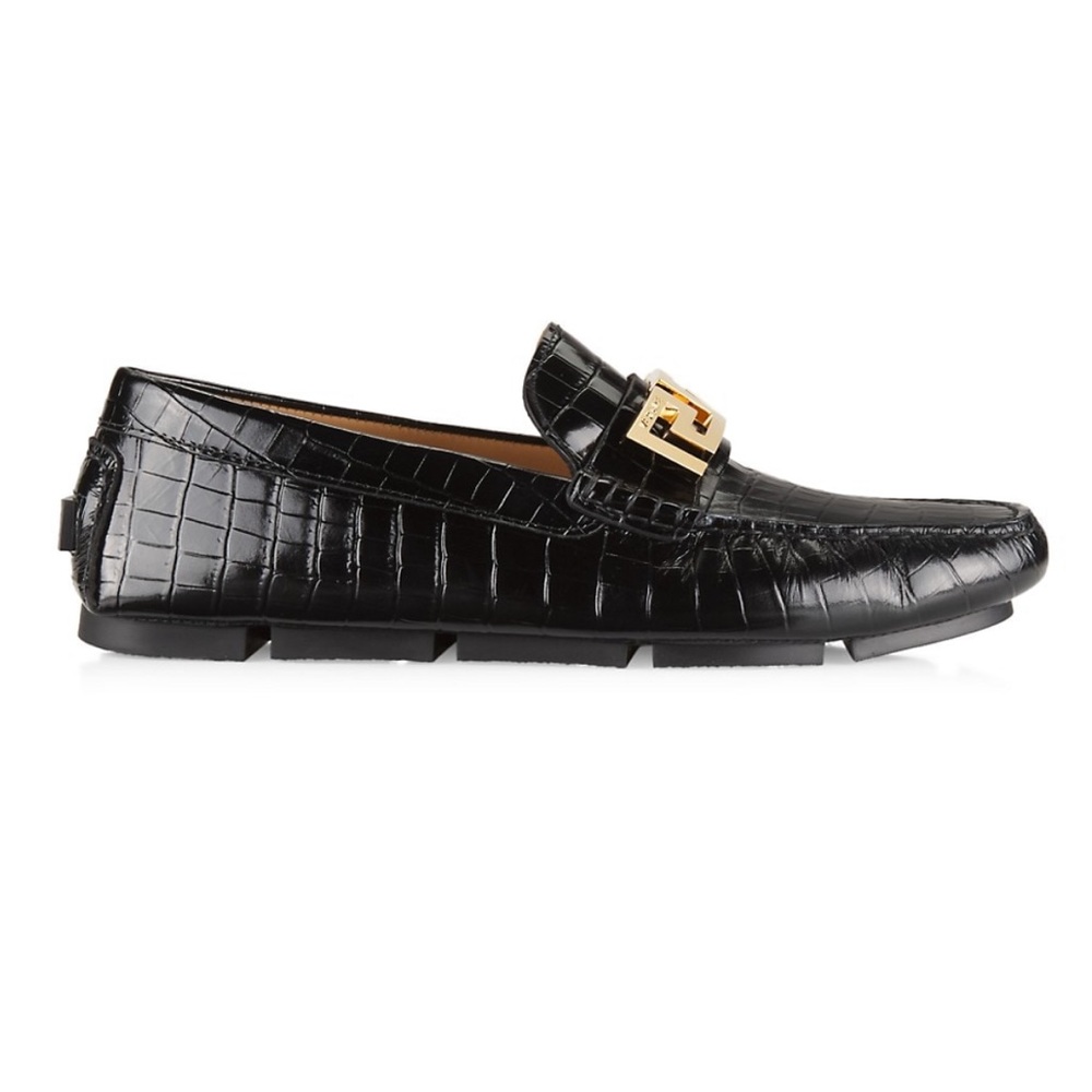 Versace La Greca Leather Driver Loafers Black Gold Men’s EU 42.5/US 9.5